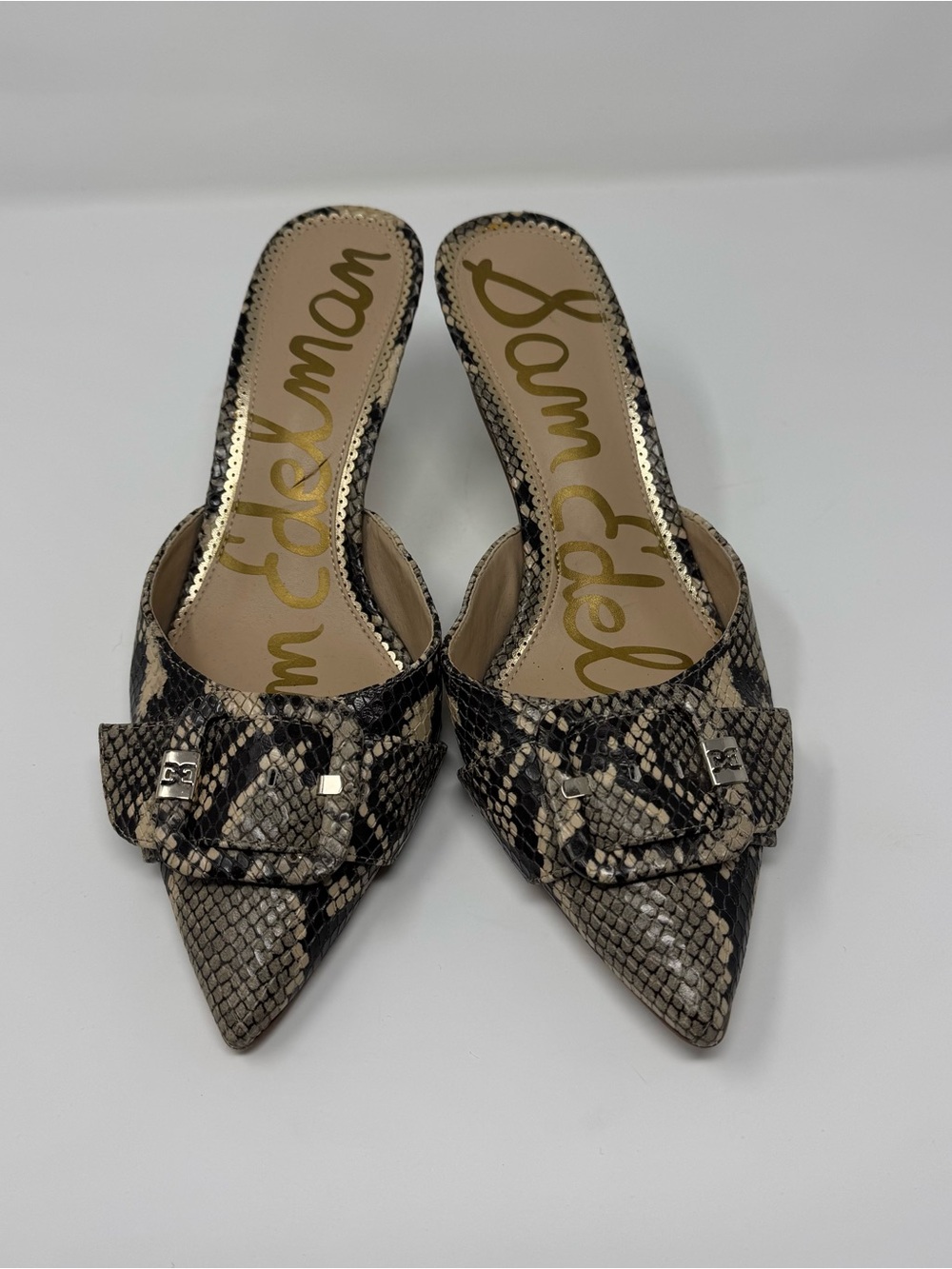 Sam Edelman Black and Tan Snake-Print Pointed Toe Mules
